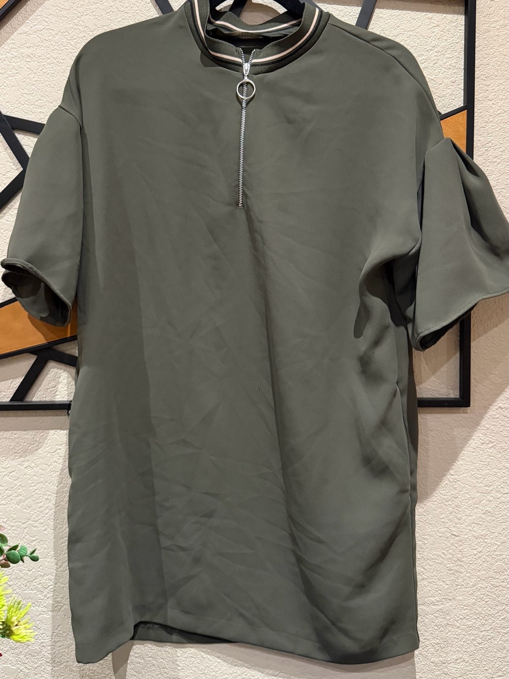 Zara Olive Green Short-Sleeve Zip-Neck Dress